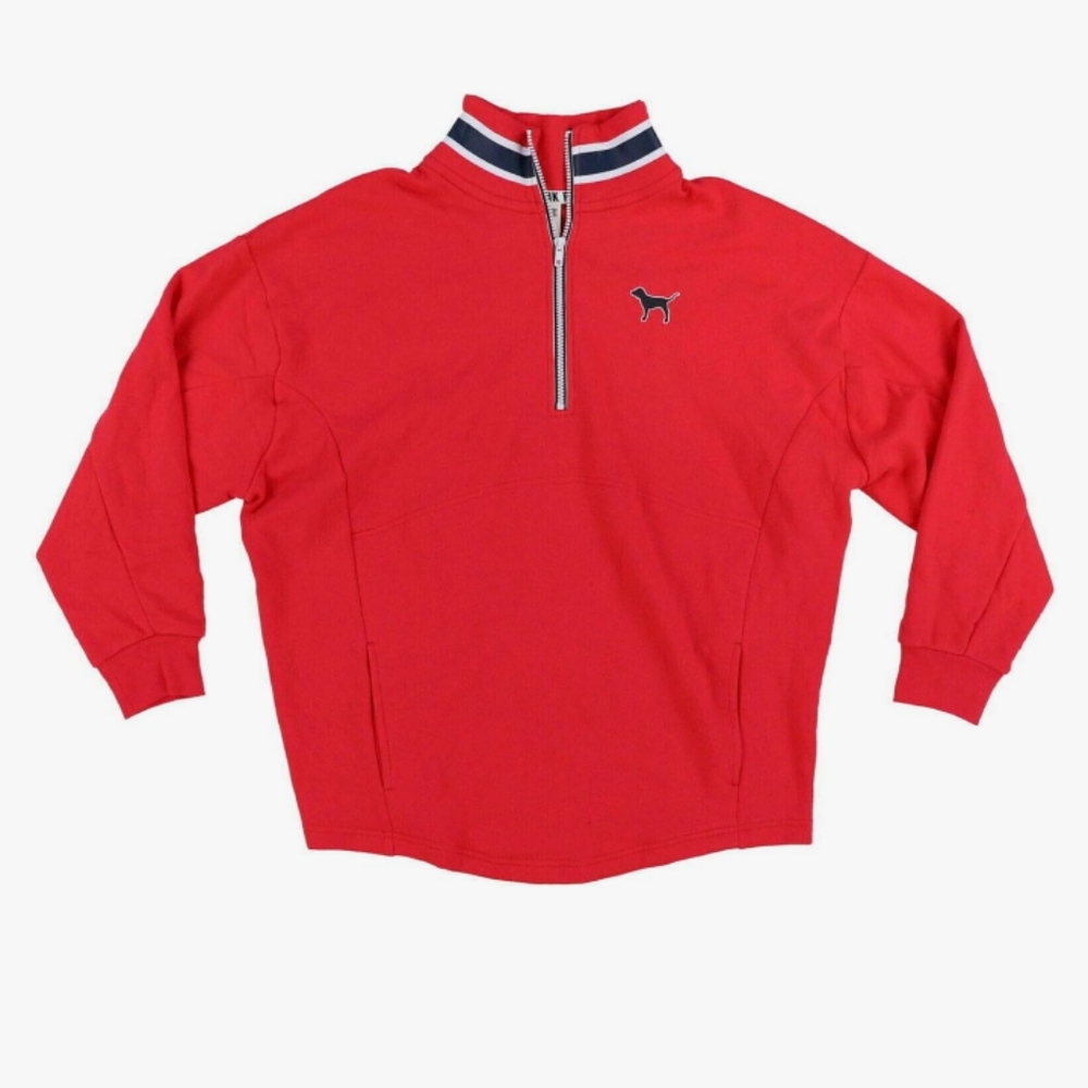 PINK VS Quarter Zip Oversized Jersey Sweatshirt Red, Blue & White NWOT